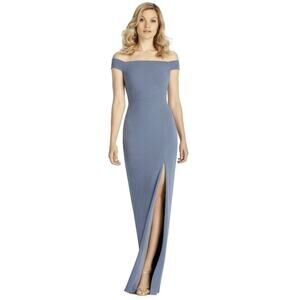 NWT After Six 6806 Off the Shoulder Stretch Crepe Gown SZ L Platinum